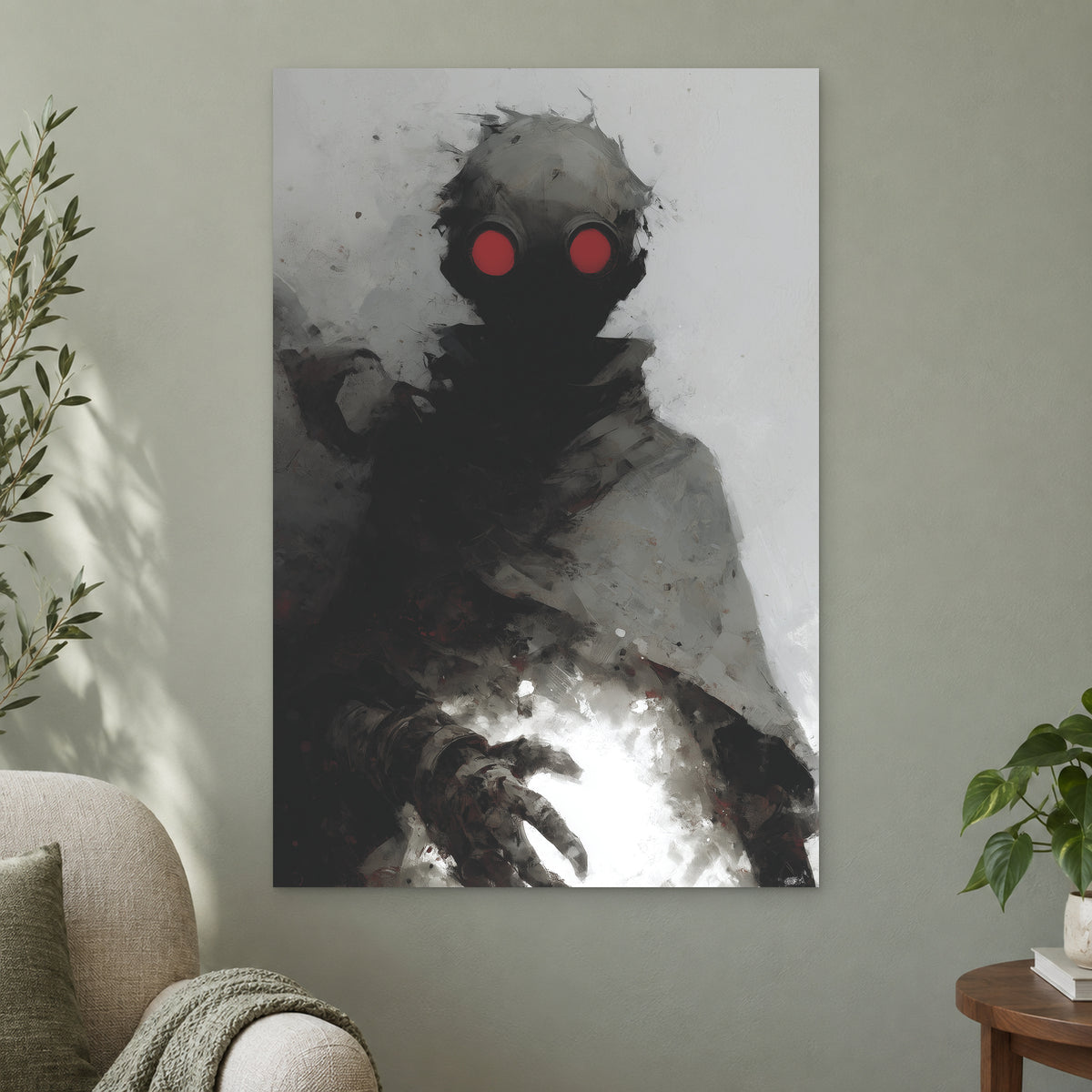 Wasteland Gas Mask Figure canvas wall art on a sage green wall beside a cream armchair