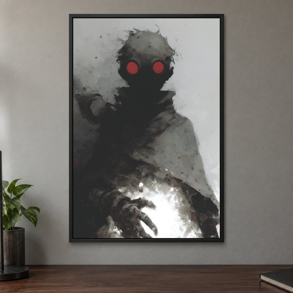 Wasteland Gas Mask Figure framed canvas in a black floating frame on a taupe wall above a dark walnut sideboard with a potted plant