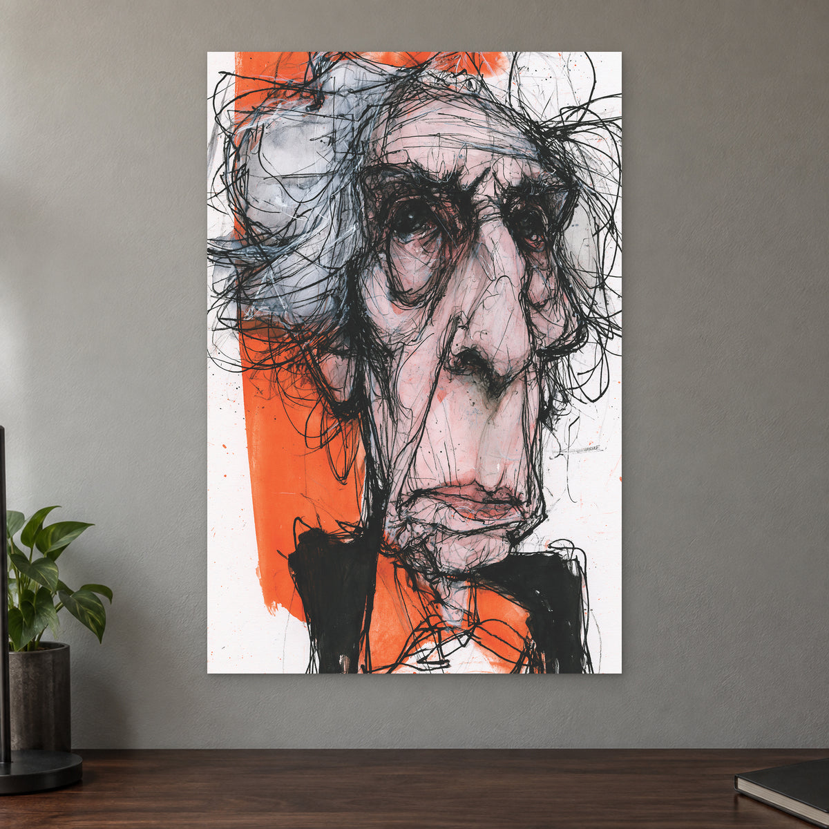 Wild Hair Scribble Portrait canvas wall art on a taupe wall above a dark walnut sideboard with a potted plant