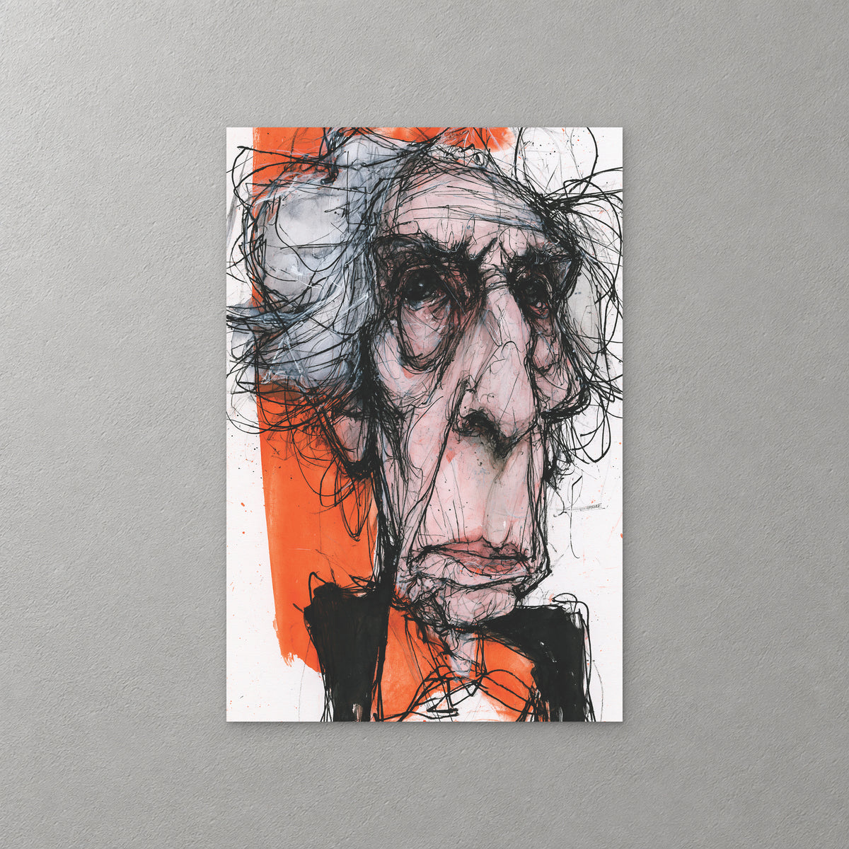 An invented face with wild grey hair, heavy dark eyes and a long nose, drawn in tangled black lines over a bold orange block — canvas wall art print