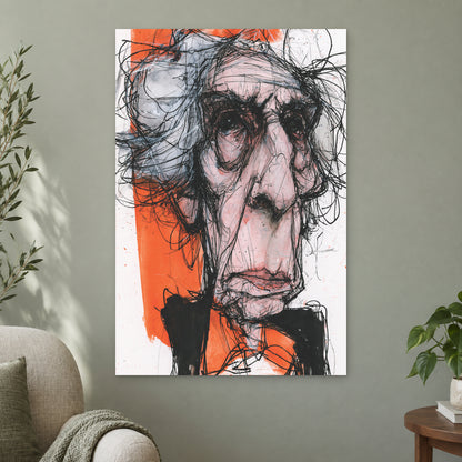 Wild Hair Scribble Portrait canvas wall art on a sage green wall beside a cream armchair