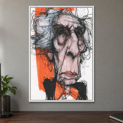 Wild Hair Scribble Portrait framed canvas in a white floating frame on a taupe wall above a dark walnut sideboard with a potted plant