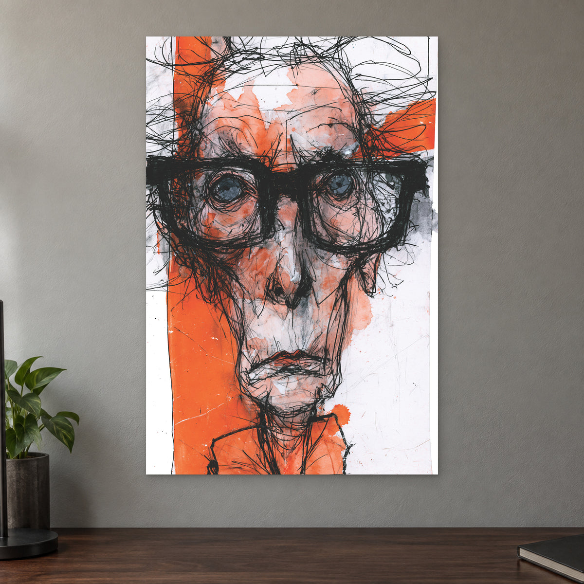 Thick Glasses Scribble Portrait canvas wall art on a taupe wall above a dark walnut sideboard with a potted plant