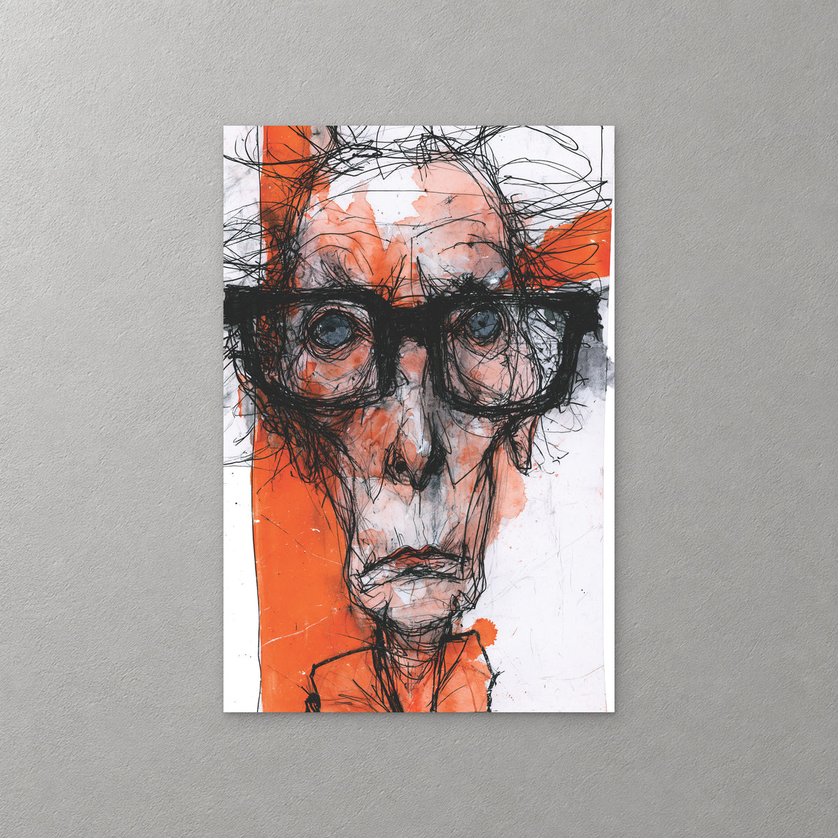 An invented face with thick black glasses and tired blue eyes, drawn in scribbled black lines with washes of bright orange — canvas wall art print