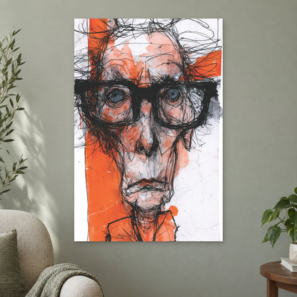 Thick Glasses Scribble Portrait canvas wall art on a sage green wall beside a cream armchair