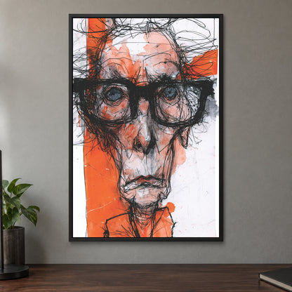 Thick Glasses Scribble Portrait framed canvas in a black floating frame on a taupe wall above a dark walnut sideboard with a potted plant