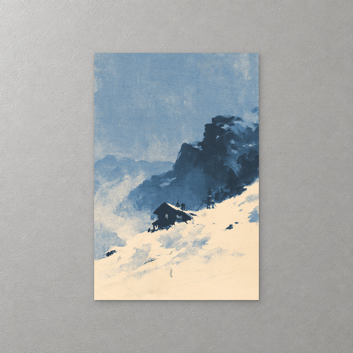A lone dark cabin sits on a steep snowy slope below a deep blue mountain, the sky a soft pale blue above — canvas wall art print