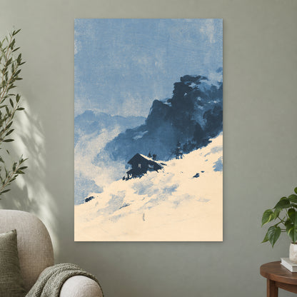 Lone Cabin Snow Slope canvas wall art on a sage green wall beside a cream armchair