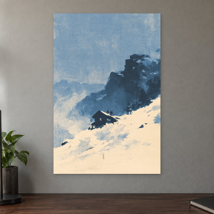 Lone Cabin Snow Slope canvas wall art on a taupe wall above a dark walnut sideboard with a potted plant