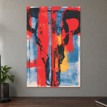 Bull Skull Bold Screenprint canvas wall art on a taupe wall above a dark walnut sideboard with a potted plant
