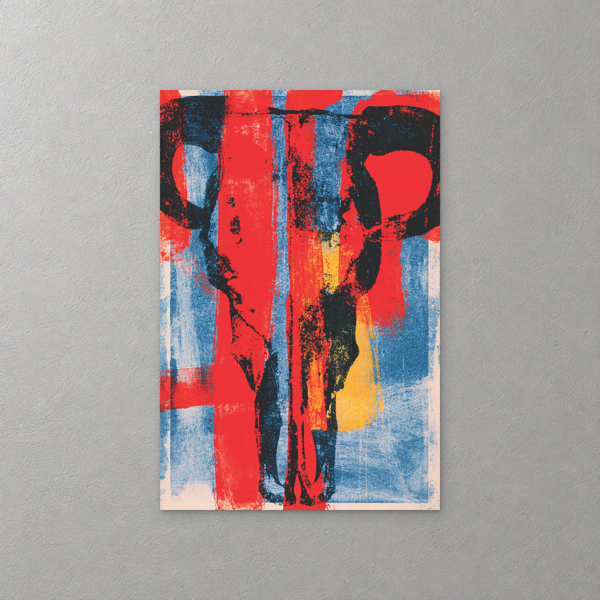 A bull skull with long curved horns in black over bold bands of red, sky blue and a patch of yellow — canvas wall art print
