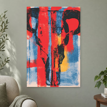 Bull Skull Bold Screenprint canvas wall art on a sage green wall beside a cream armchair