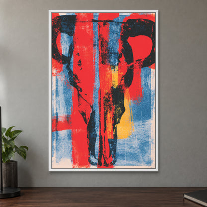 Bull Skull Bold Screenprint framed canvas in a white floating frame on a taupe wall above a dark walnut sideboard with a potted plant