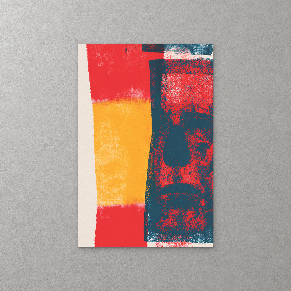 Blocks of red and yellow sit beside a navy and red shape that almost reads as a face, with a narrow cream strip at the left edge — canvas wall art print