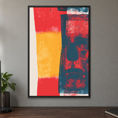 Almost a Face Abstract framed canvas in a black floating frame on a taupe wall above a dark walnut sideboard with a potted plant