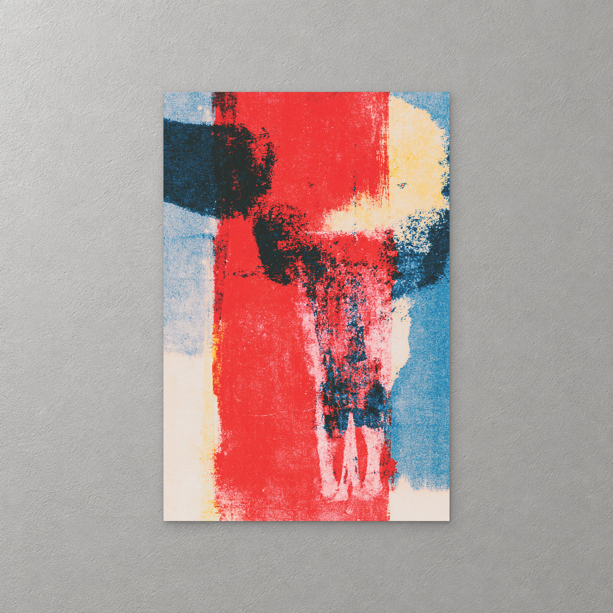 A cow skull in dark ink sits over a large red field, with patches of sky blue, pale yellow and cream at the edges — canvas wall art print