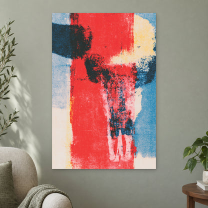 Red Field Skull Abstract canvas wall art on a sage green wall beside a cream armchair