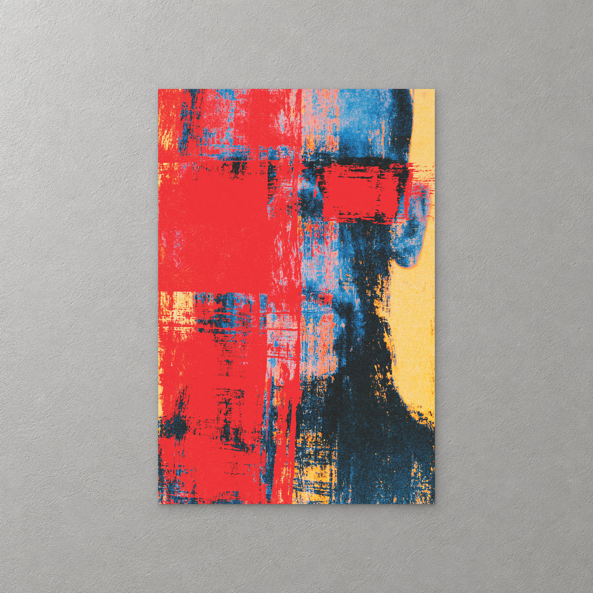 A dark head in profile at the right is half lost in bold red and sky blue strokes, with a yellow block behind it — canvas wall art print