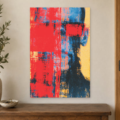 Profile in the Noise canvas wall art on a cream wall above a wooden sideboard beside a door frame