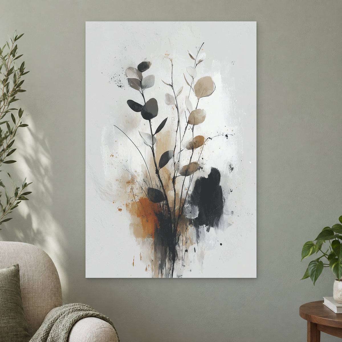 Eucalyptus Stems Minimalist canvas wall art on a sage green wall beside a cream armchair