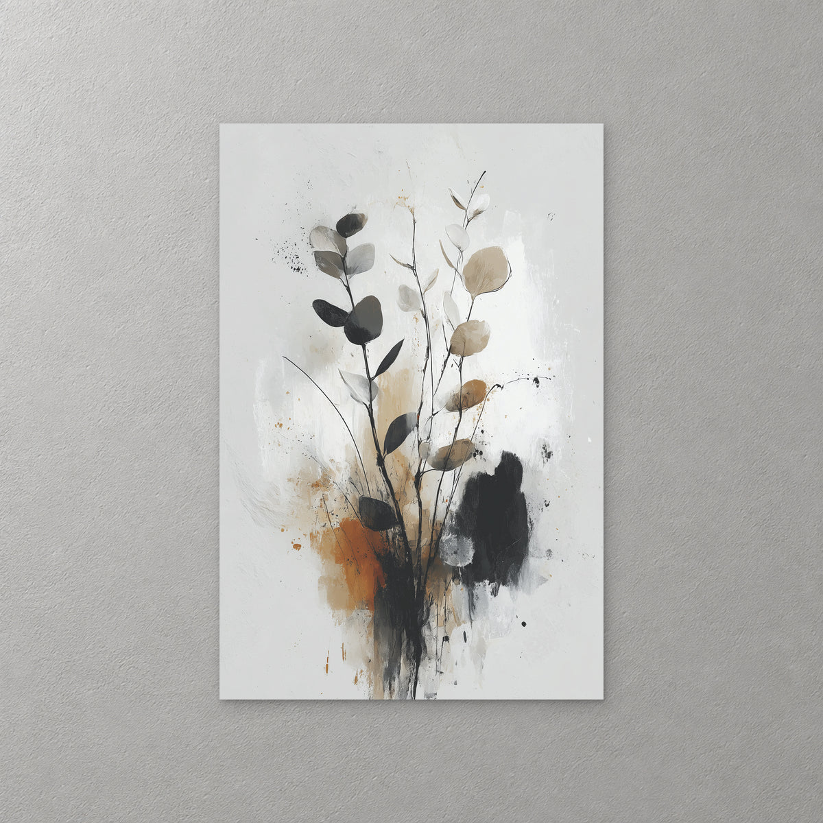 Eucalyptus stems with round grey, black and tan leaves rise from a dark ink splash with a touch of rust, on a pale ground — canvas wall art print
