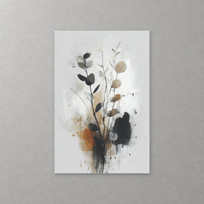 Eucalyptus stems with round grey, black and tan leaves rise from a dark ink splash with a touch of rust, on a pale ground — canvas wall art print