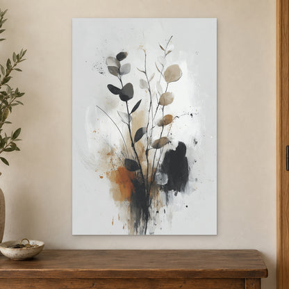 Eucalyptus Stems Minimalist canvas wall art on a cream wall above a wooden sideboard beside a door frame