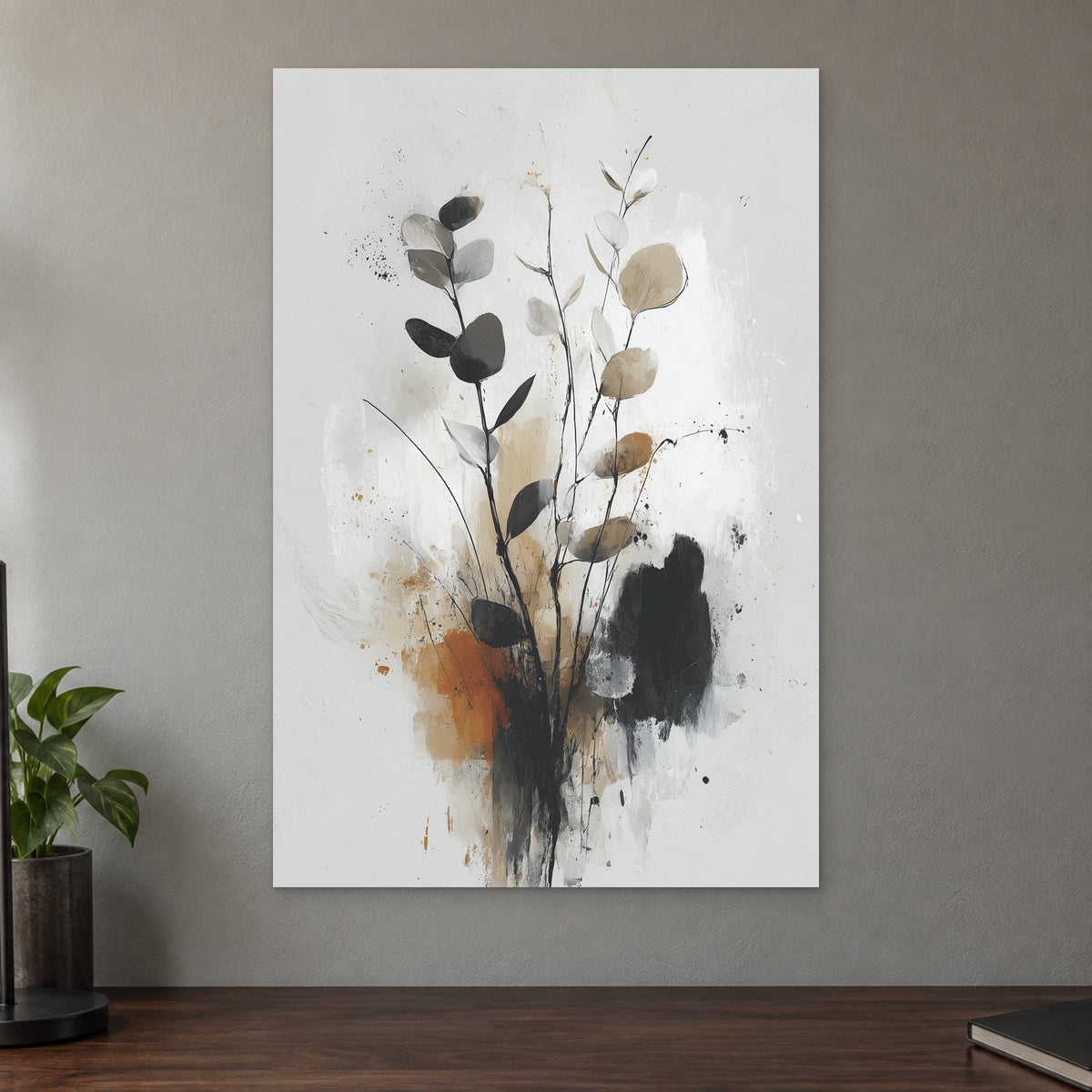 Eucalyptus Stems Minimalist canvas wall art on a taupe wall above a dark walnut sideboard with a potted plant
