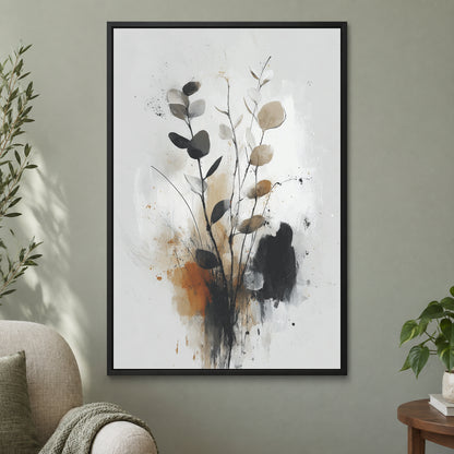 Eucalyptus Stems Minimalist framed canvas in a black floating frame on a sage green wall beside a cream armchair