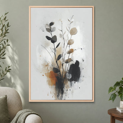 Eucalyptus Stems Minimalist framed canvas in a natural wood floating frame on a sage green wall beside a cream armchair