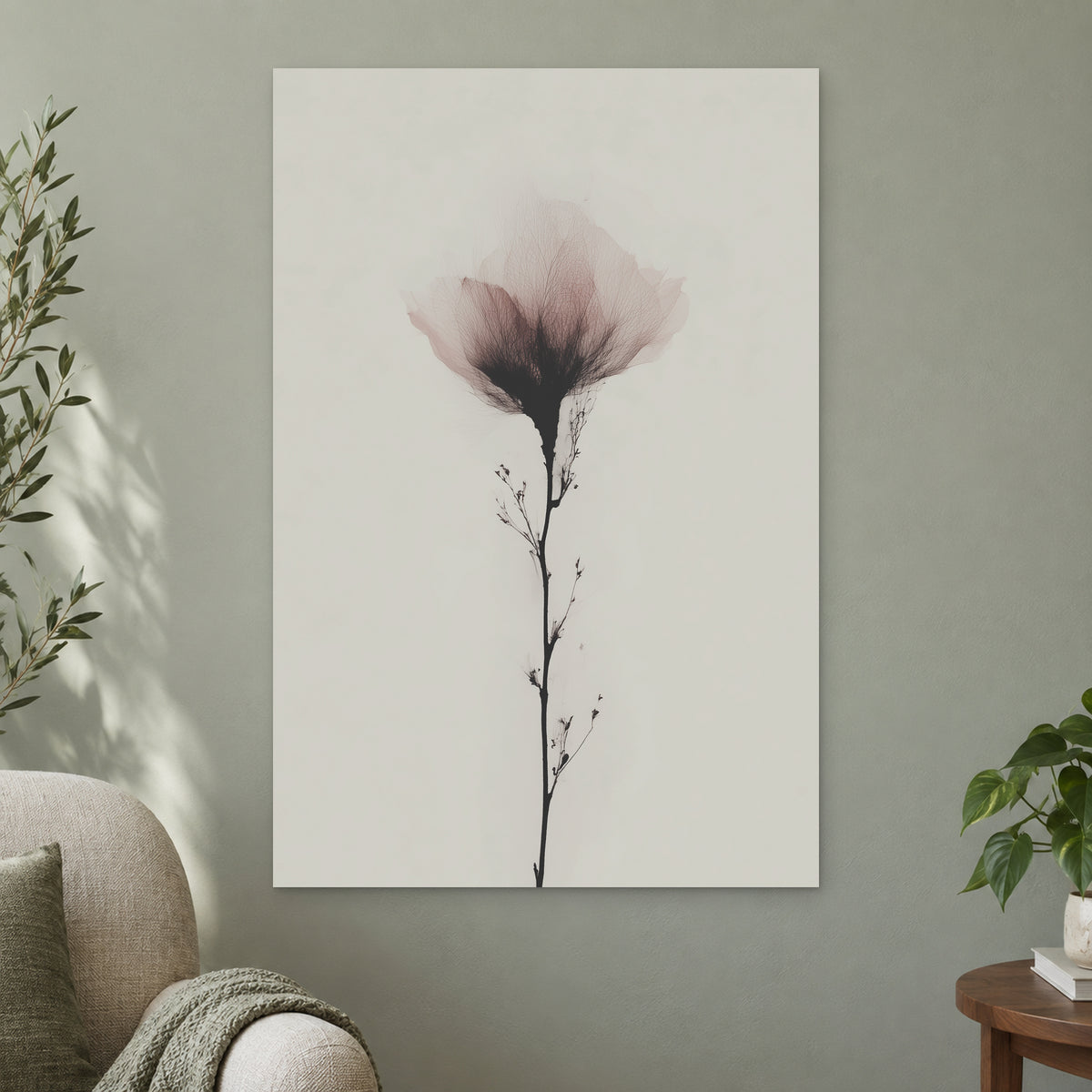 Single Stem Pink Bloom canvas wall art on a sage green wall beside a cream armchair