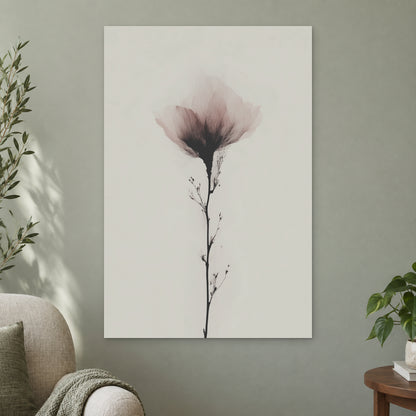 Single Stem Pink Bloom canvas wall art on a sage green wall beside a cream armchair