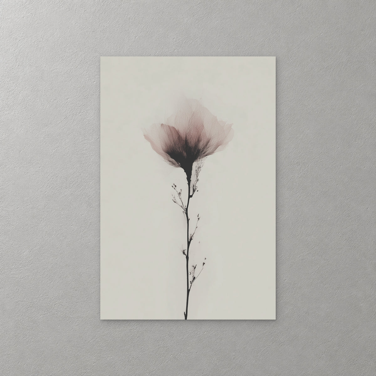 A single pink and charcoal bloom on a thin black stem with small buds, set against a plain warm grey ground — canvas wall art print