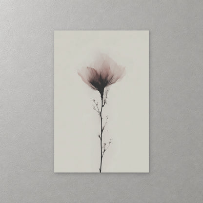 A single pink and charcoal bloom on a thin black stem with small buds, set against a plain warm grey ground — canvas wall art print