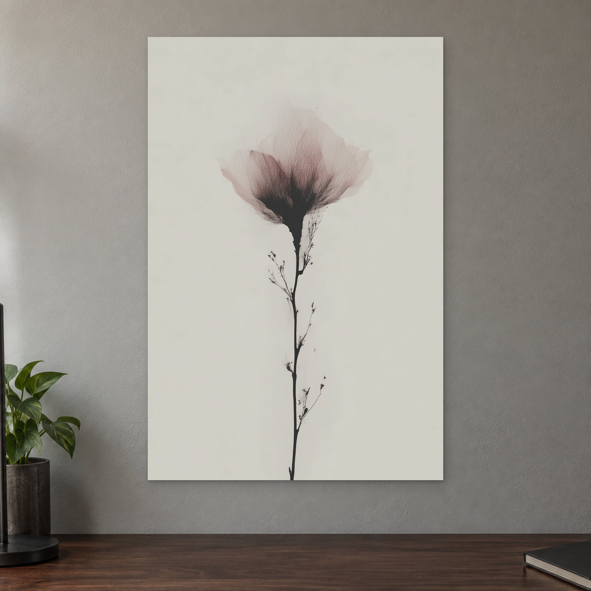 Single Stem Pink Bloom canvas wall art on a taupe wall above a dark walnut sideboard with a potted plant