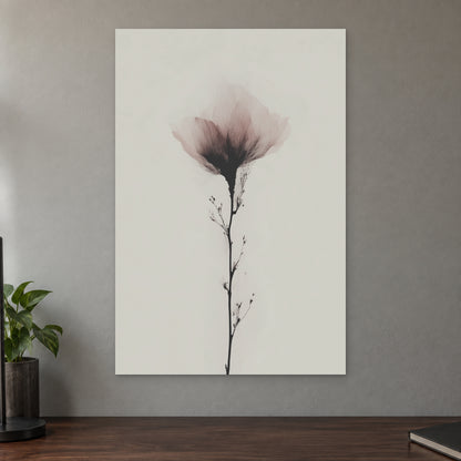 Single Stem Pink Bloom canvas wall art on a taupe wall above a dark walnut sideboard with a potted plant