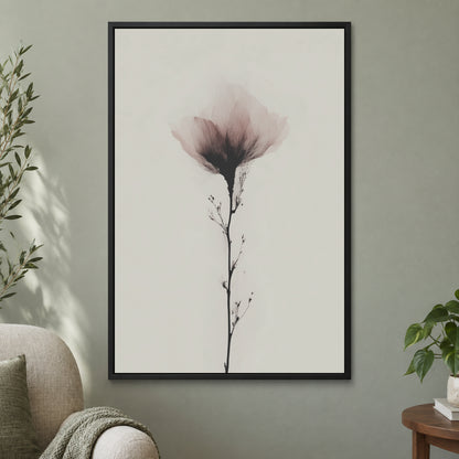 Single Stem Pink Bloom framed canvas in a black floating frame on a sage green wall beside a cream armchair