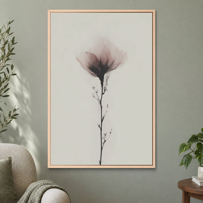 Single Stem Pink Bloom framed canvas in a natural wood floating frame on a sage green wall beside a cream armchair