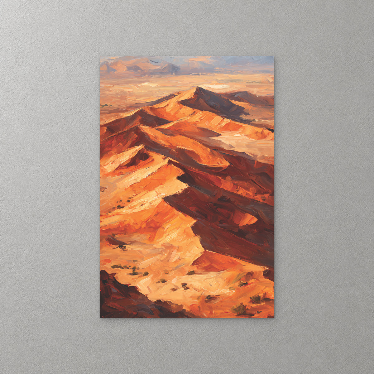 Rippled orange and rust sand dunes seen from above, with deep shadow along each ridge under a hazy sky — canvas wall art print