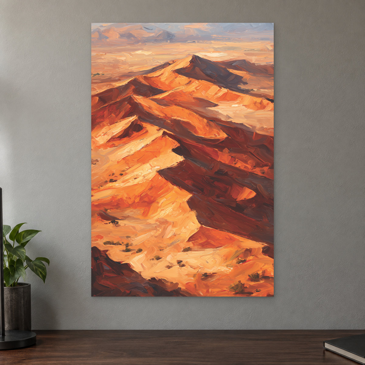 Desert Dunes Aerial Ridge canvas wall art on a taupe wall above a dark walnut sideboard with a potted plant