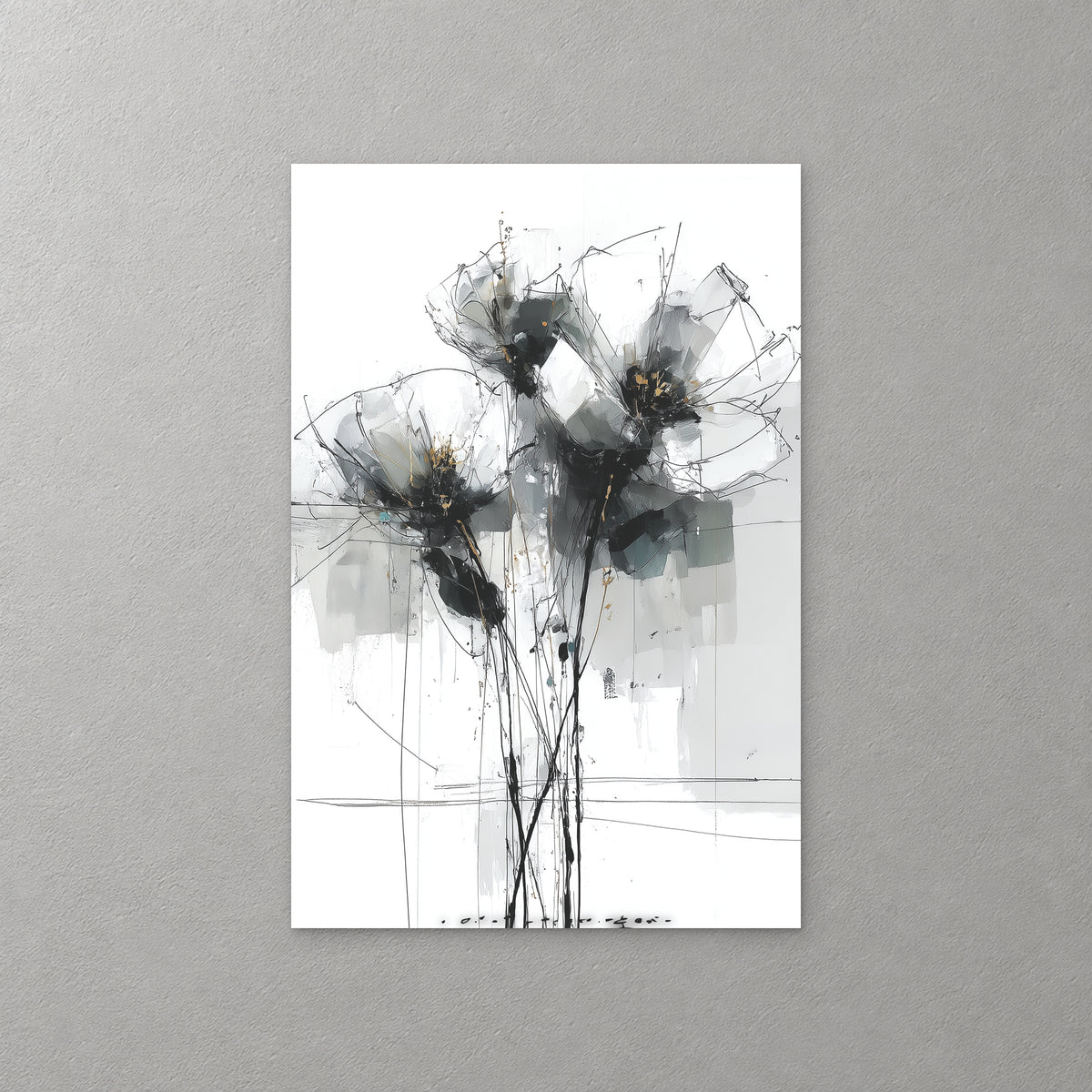 Black and grey wildflowers on thin stems, drawn in loose ink with soft grey washes on a white ground — canvas wall art print