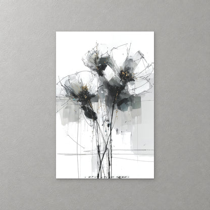 Black and grey wildflowers on thin stems, drawn in loose ink with soft grey washes on a white ground — canvas wall art print