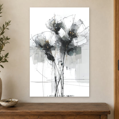 Black and Grey Wildflower Sketch canvas wall art on a cream wall above a wooden sideboard beside a door frame