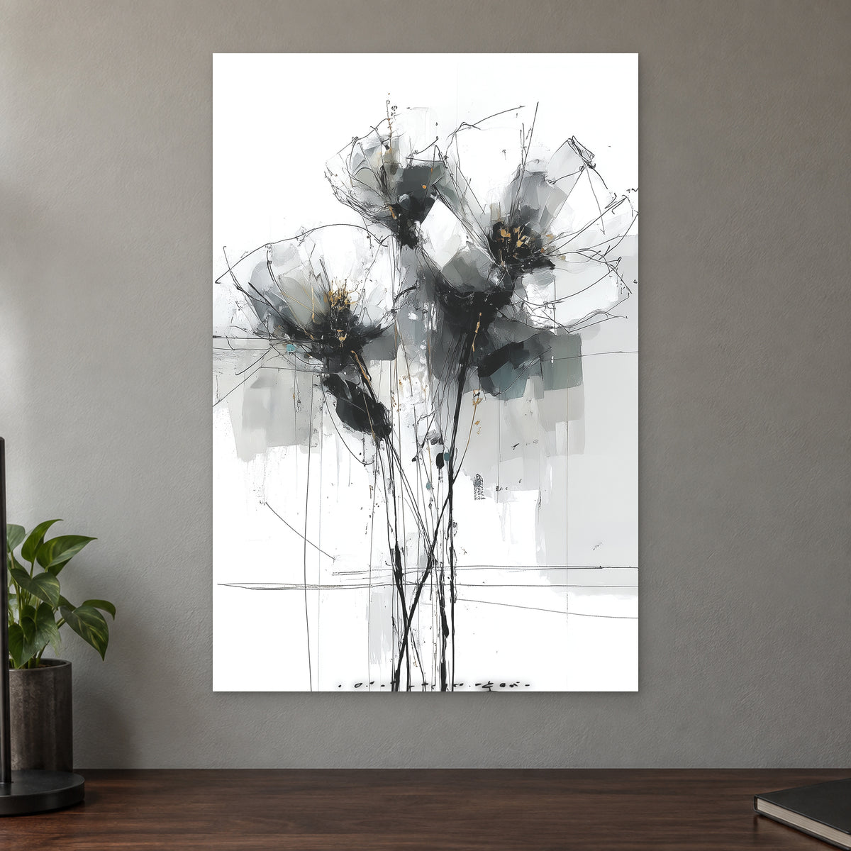 Black and Grey Wildflower Sketch canvas wall art on a taupe wall above a dark walnut sideboard with a potted plant