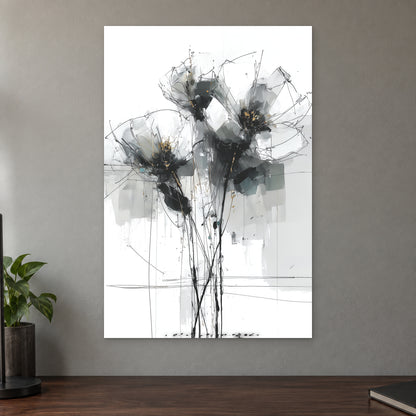 Black and Grey Wildflower Sketch canvas wall art on a taupe wall above a dark walnut sideboard with a potted plant