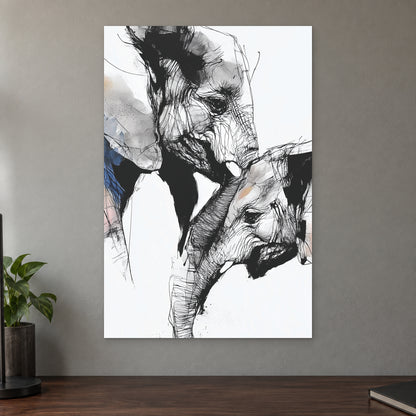 Elephant and Calf Nose to Nose canvas wall art on a taupe wall above a dark walnut sideboard with a potted plant