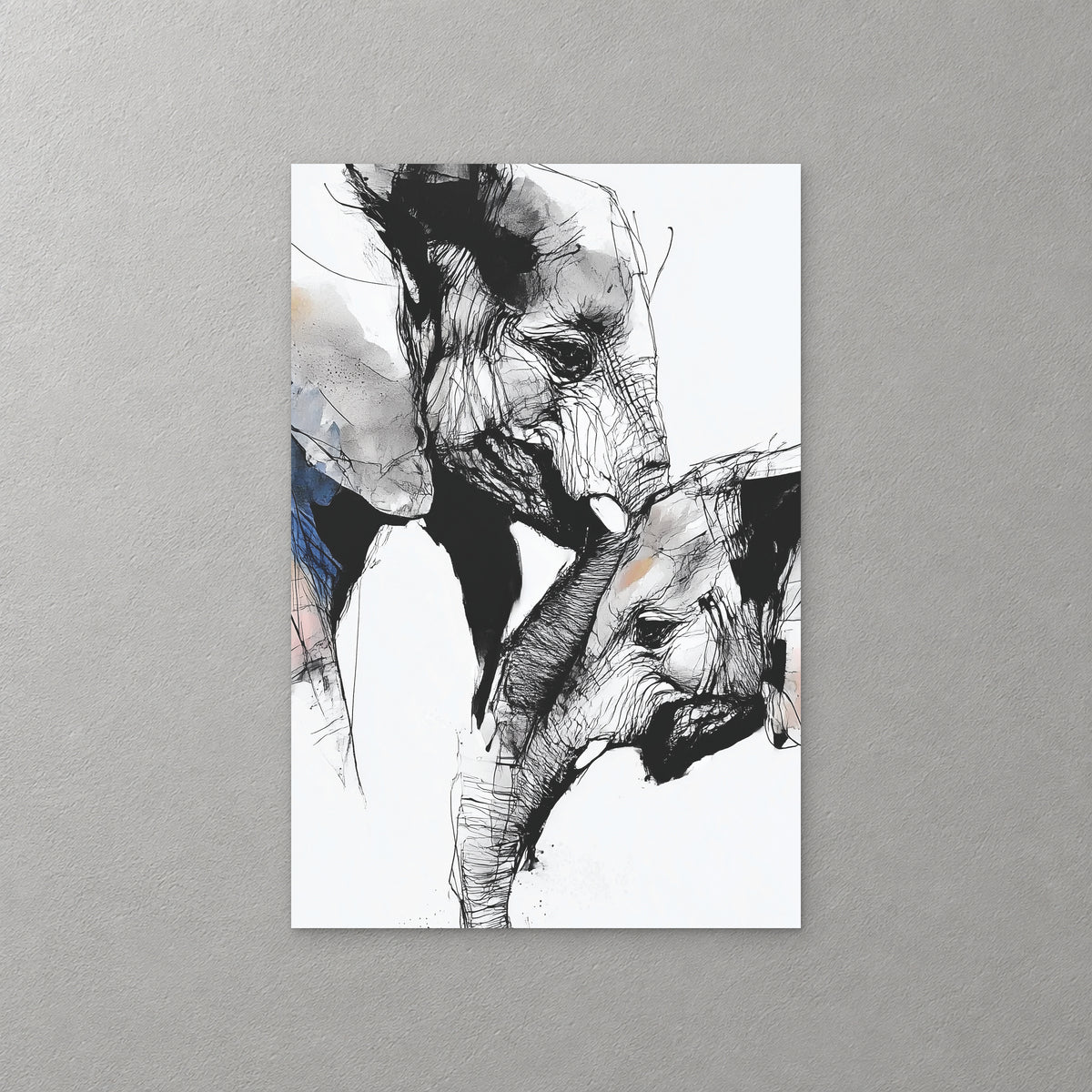 An elephant and its calf touch trunks, drawn in loose black and grey ink with a touch of blue, on a white ground — canvas wall art print