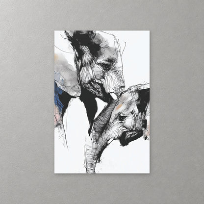 An elephant and its calf touch trunks, drawn in loose black and grey ink with a touch of blue, on a white ground — canvas wall art print