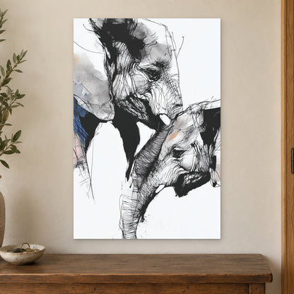 Elephant and Calf Nose to Nose canvas wall art on a cream wall above a wooden sideboard beside a door frame