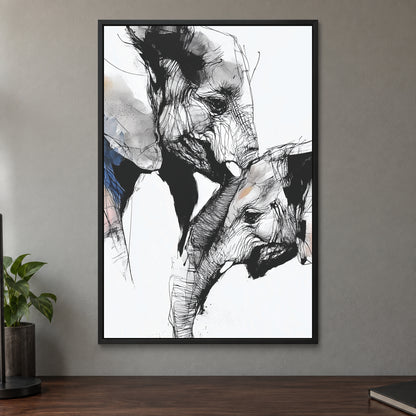 Elephant and Calf Nose to Nose framed canvas in a black floating frame on a taupe wall above a dark walnut sideboard with a potted plant